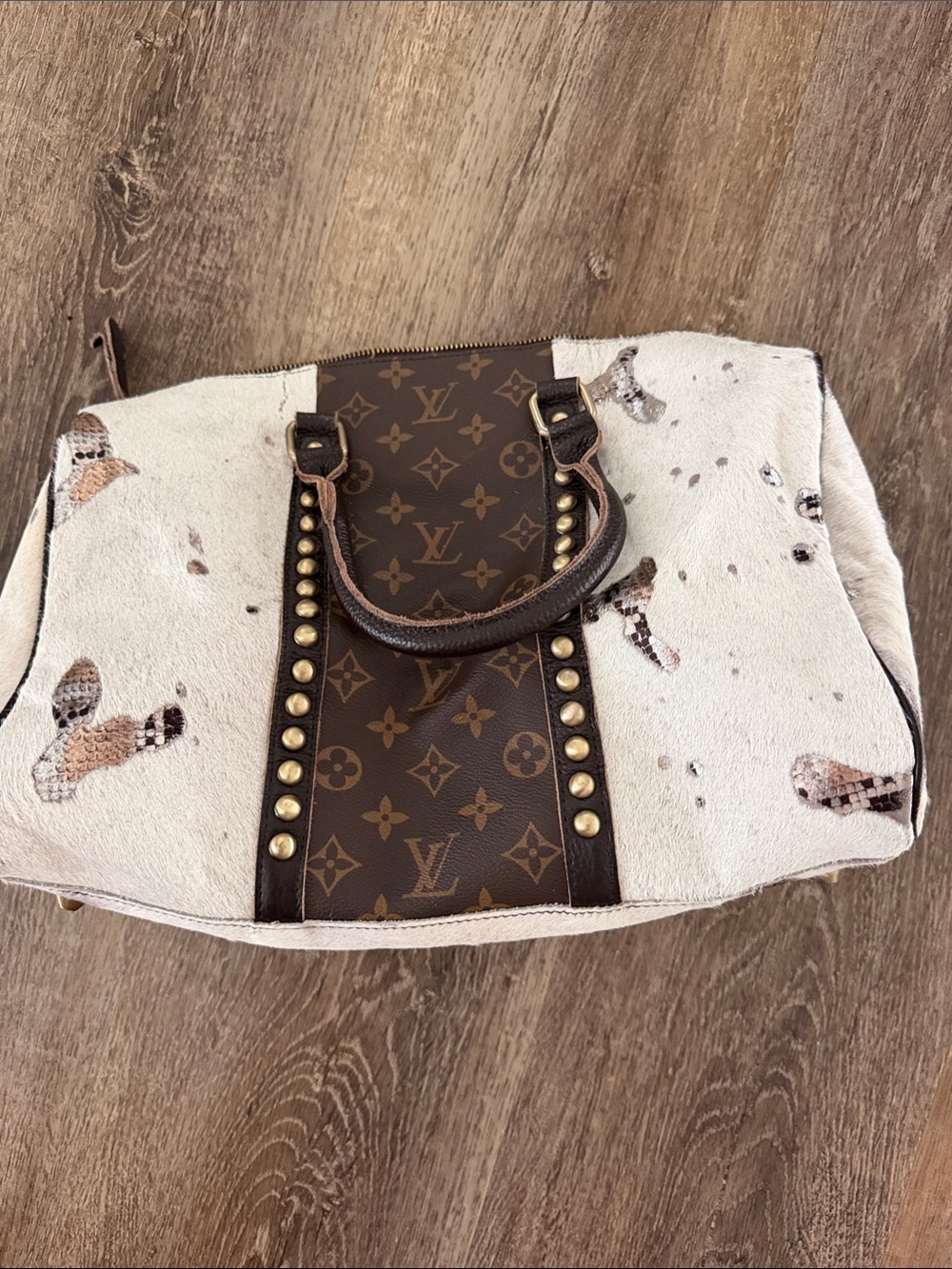 Louis Vuitton Brown Monogram & Cream Calf Hair Studded Tote